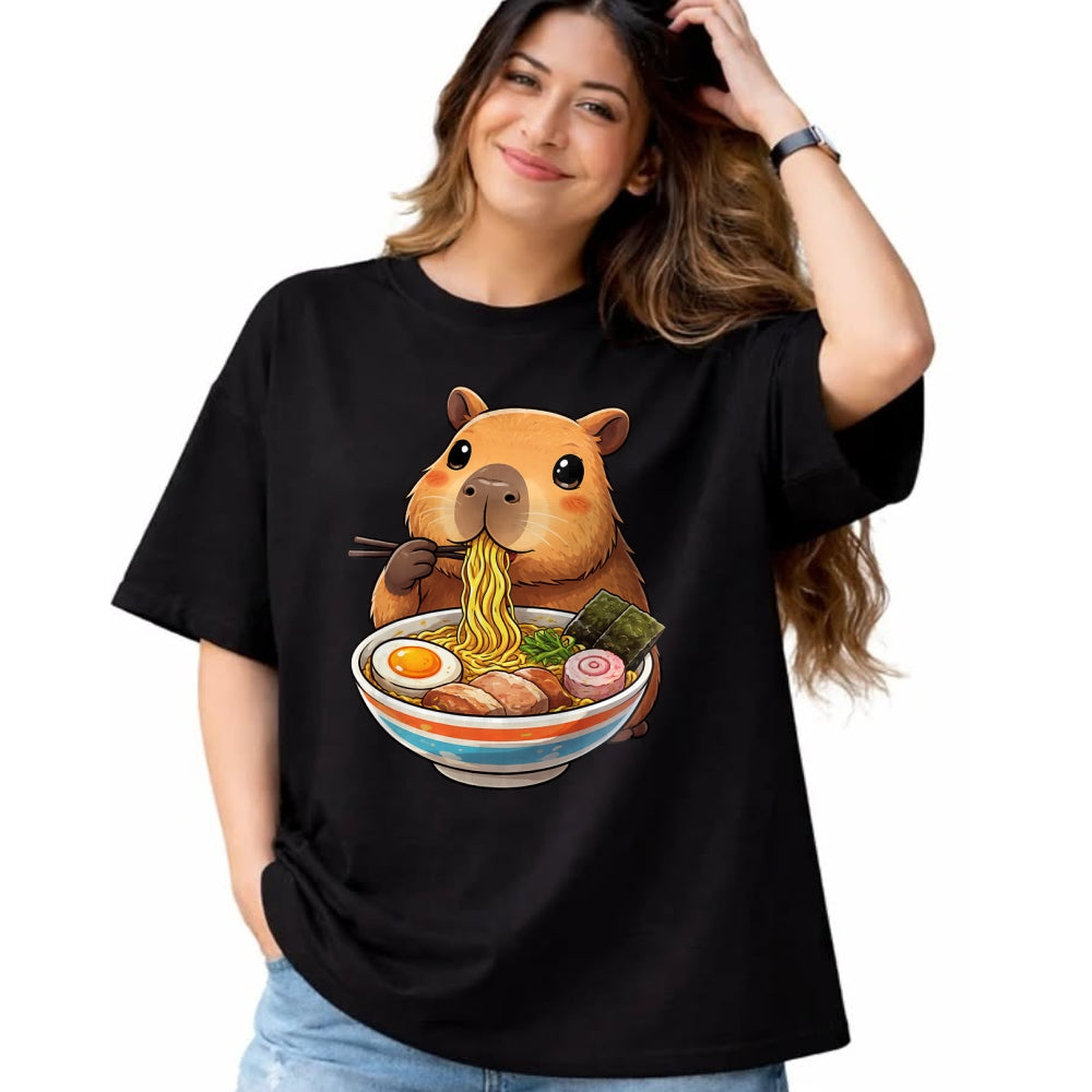 Cute Capybara Shirt, Funny Capybara Unisex T-Shirt/Hoodie/Sweatshirt HLT00 - Capybara Eating Ramen Noodles Japanese Kawaii Graphic T-Shirt