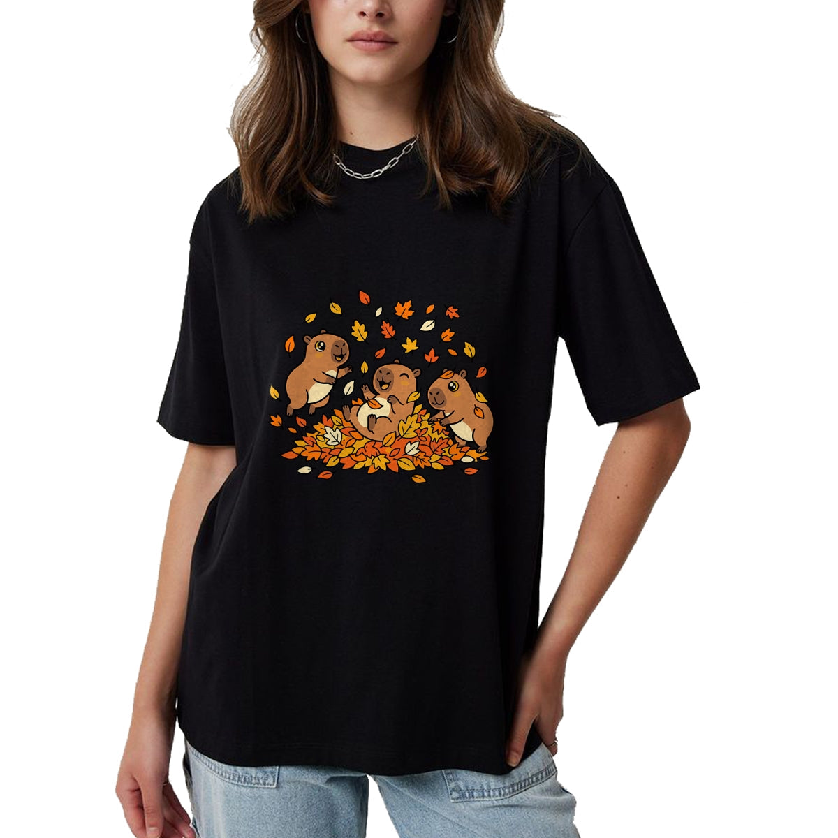 Cute Capybara Shirt, Funny Capybara Unisex T-Shirt/Hoodie/Sweatshirt HLT00 - Cute Capybara Autumn Leaves Fall Season Animal T-Shirt