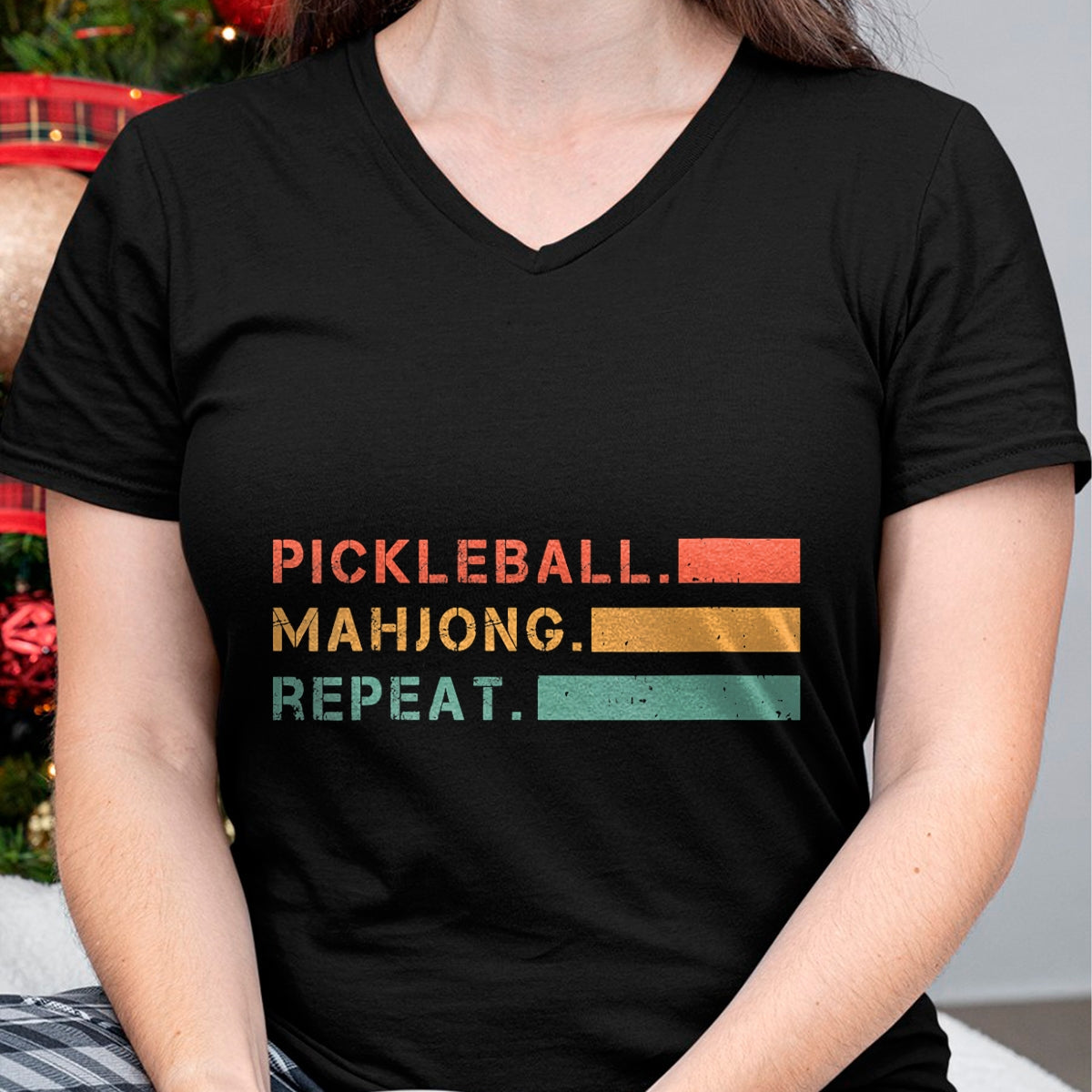 Funny Pickleball Shirt, Pickleball Lover Unisex T-Shirt/Hoodie/Sweatshirt HLT00 - Women's Pickleball Mahjong Repeat Sport Lover Gambling Chinese Game V-Neck T-Shirt