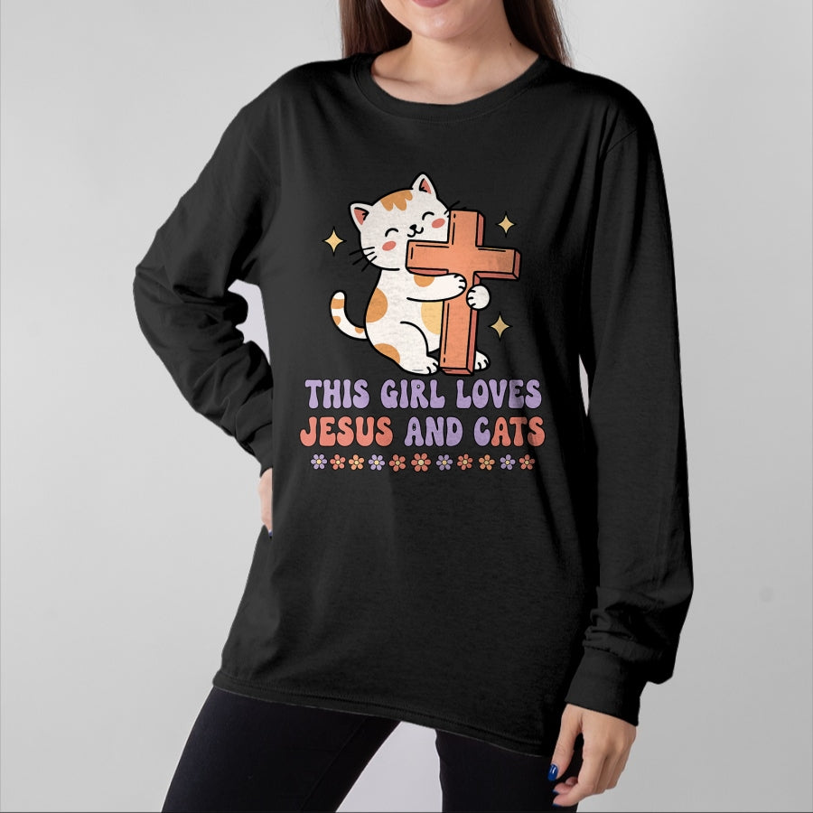 Cat Love Shirt, Funny Cat Lover Gift UnisexT-Shirt/Hoodie/Sweatshirt HLT00 - Christian This Girl Loves Jesus and Cats Cat Hugging Cross T-Shirt (1)