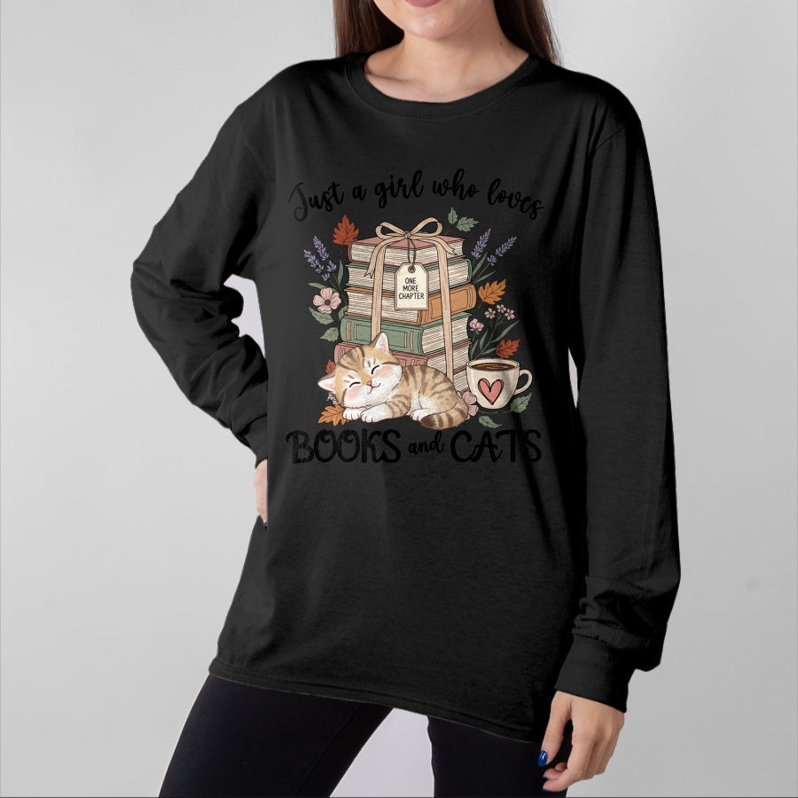 Cat Love Shirt, Funny Cat Lover Gift UnisexT-Shirt/Hoodie/Sweatshirt HLT00 - Pretty Just a Girl Who Loves Books and Cats Cat Lover Long Sleeve T-Shirt