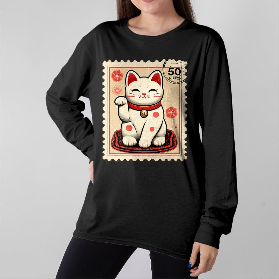 Cat Love Shirt, Funny Cat Lover Gift UnisexT-Shirt/Hoodie/Sweatshirt HLT00 - Maneki Neko Japanese Kawaii Lucky Cat Stamp Retro Aesthetic T-Shirt