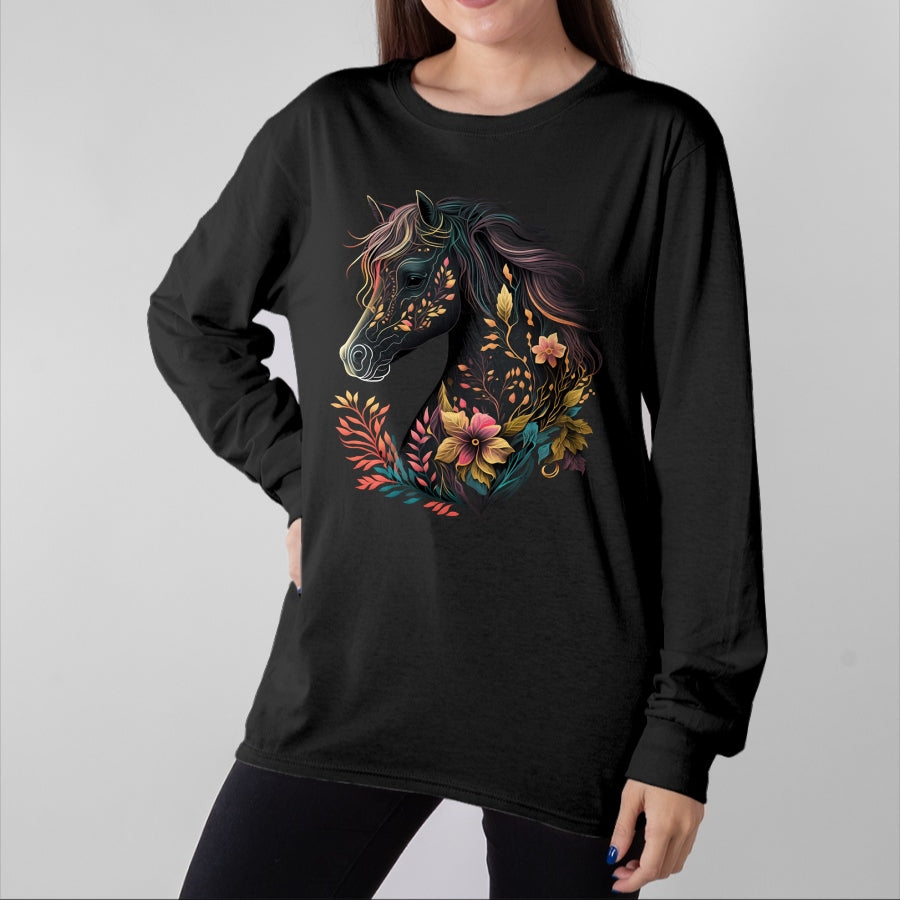 Best Horse Lover Shirt , Funny Horse UnisexT-Shirt/Hoodie/Sweatshirt HLT00 - Beautiful Horse with Flowers and Plants Equestrian Art Black Long Sleeve T-Shirt