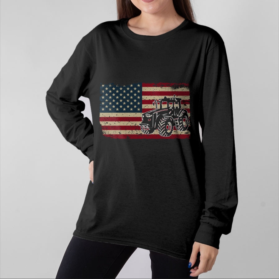 Best Farmer Life Shirt, Funny Farmer UnisexT-Shirt/Hoodie/Sweatshirt HLT00 - Farm Tractors USA Flag Patriotic Farming Gift Long Sleeve T-Shirt