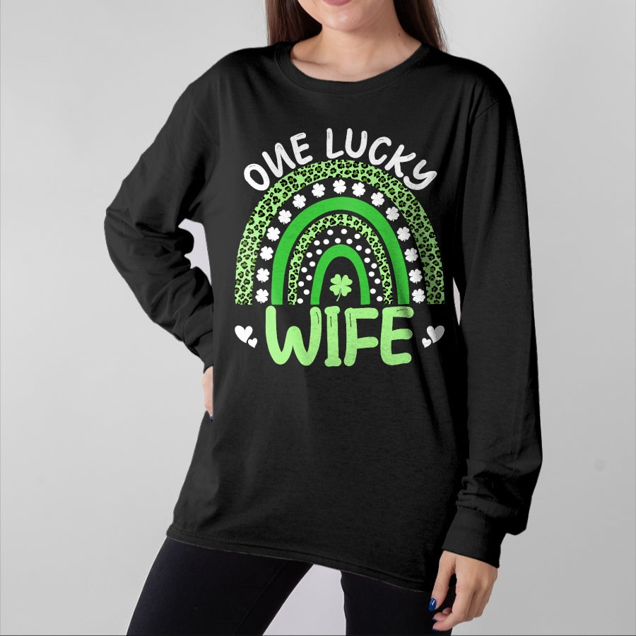 Best Wife Shirt, Wife and Husband Unisex T-Shirt/Hoodie/Sweatshirt HLT00 - Gift for wife T shirt, lucky wife Womens One Lucky Wife Leopard Rainbow Clover St Patricks Day Tan