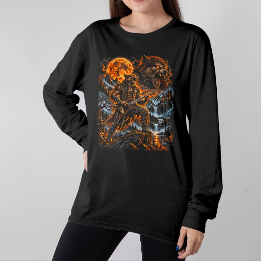 Guitar Lover Shirt, Funny Guitar UnisexT-Shirt/Hoodie/Sweatshirt HLT00 - Werewolf Howling Moon Men Women Playing Guitar Halloween T-Shirt