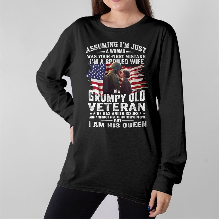 Best Wife Shirt, Wife and Husband Unisex T-Shirt/Hoodie/Sweatshirt HLT00 - Gift for wife T shirt, spoiled wife Womens I'm A Spoiled Wife Of A Grumpy Old Veteran (On Back) V-