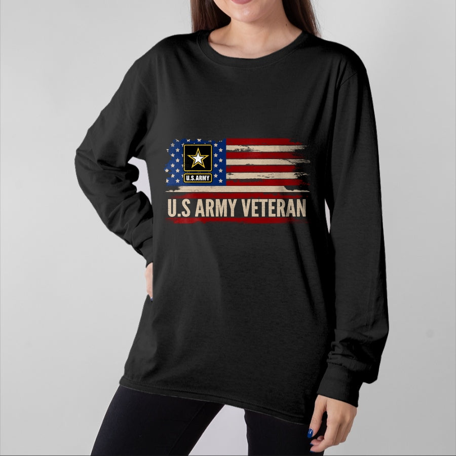 Proud Veteran Shirt, Funny Veteran UnisexT-Shirt/Hoodie/Sweatshirt HLT00 - Vintage U.S Army Veteran with American Flag Veteran Gift Long Sleeve T-Shirt