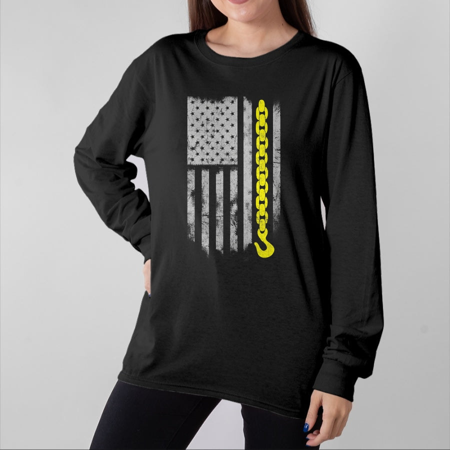 Best Truck Driver Life Shirt, Funny Trucker UnisexT-Shirt/Hoodie/Sweatshirt HLT00 - Yellow Tow Hook Chain Flag America Tow Truck Driver T-Shirt