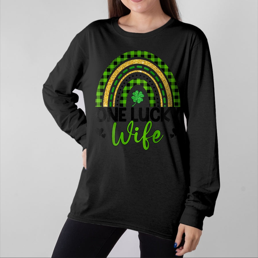 Best Wife Shirt, Wife and Husband Unisex T-Shirt/Hoodie/Sweatshirt HLT00 - Gift for wife T shirt, lucky wife Womens One Lucky Wife Boho Rainbow St Patricks Day Shamrock Ragl