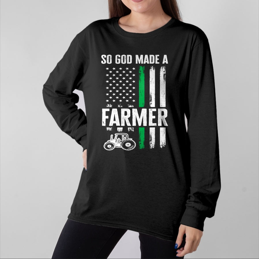 Best Farmer Life Shirt, Funny Farmer UnisexT-Shirt/Hoodie/Sweatshirt HLT00 - Patriotic American Flag Tractor So God Made A Farmer Long Sleeve T-Shirt