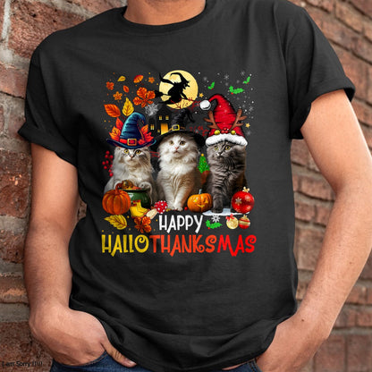 Hallowen Shirts for Family, Funny hallowen shirts, Hallowen Unisex T-Shirt/Hoodie/Sweatshirt HLT00 - Halloween Thanksgiving Christmas Happy HalloThanksMas Cats T-Shirt