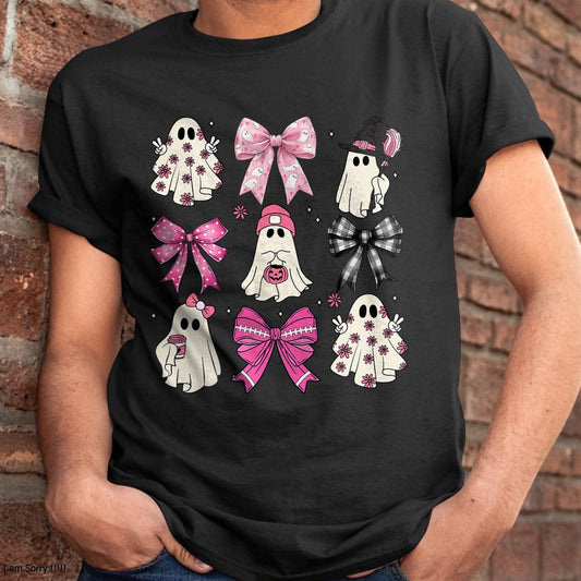 Hallowen Shirts for Family, Funny hallowen shirts, Hallowen Unisex T-Shirt/Hoodie/Sweatshirt HLT00 - Pink Ghost Bow Coquette Halloween Spooky Season Womens Girls T-Shirt