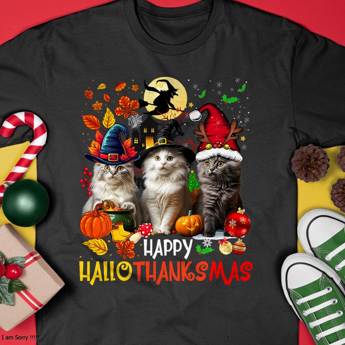 Hallowen Shirts for Family, Funny hallowen shirts, Hallowen Unisex T-Shirt/Hoodie/Sweatshirt HLT00 - Halloween Thanksgiving Christmas Happy HalloThanksMas Cats T-Shirt