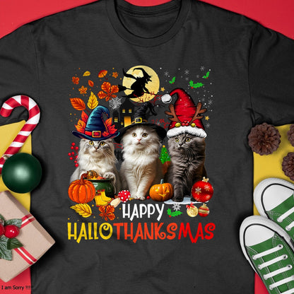 Hallowen Shirts for Family, Funny hallowen shirts, Hallowen Unisex T-Shirt/Hoodie/Sweatshirt HLT00 - Halloween Thanksgiving Christmas Happy HalloThanksMas Cats T-Shirt