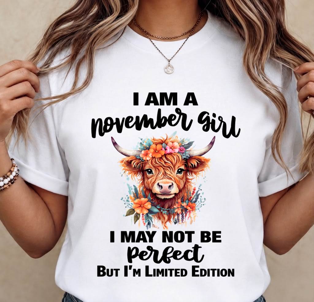 NOVEMBER GIRL FLORAL HIGHLAND COW TEE - FOR WOMEN - TLEE11 (SKU2607-278-11)