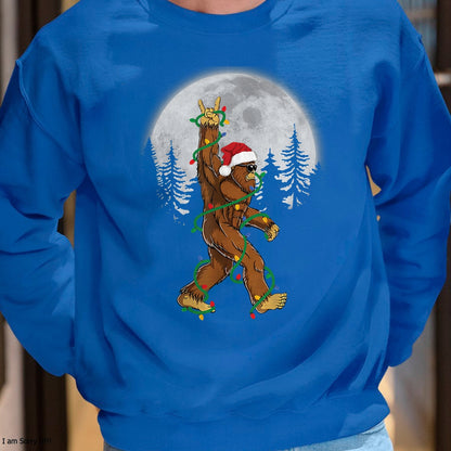 Christmas Shirts for Family, Funny christmas shirts, Christmas Unisex T-Shirt/Hoodie/Sweatshirt HLT00 - Bigfoot Santa Christmas Tree Lights Funny Xmas Sasquatch Long Sleeve T-Shirt