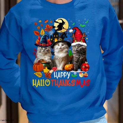 Hallowen Shirts for Family, Funny hallowen shirts, Hallowen Unisex T-Shirt/Hoodie/Sweatshirt HLT00 - Halloween Thanksgiving Christmas Happy HalloThanksMas Cats T-Shirt
