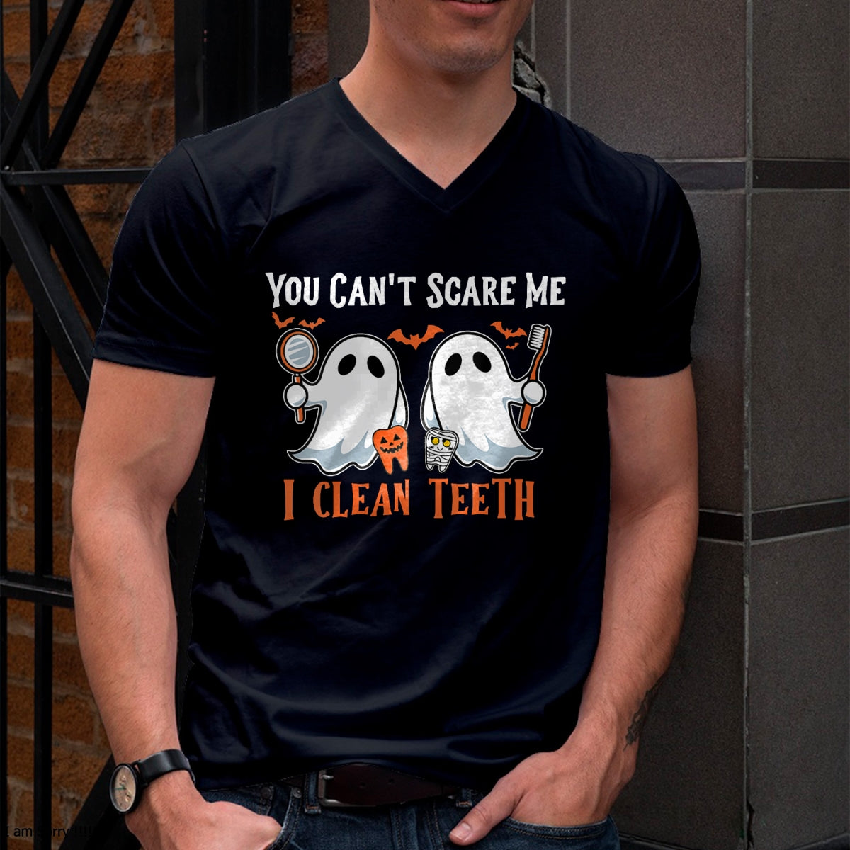 Hallowen Shirts for Family, Funny hallowen shirts, Hallowen Unisex T-Shirt/Hoodie/Sweatshirt HLT00 - Womens You Can't Scare Me I Clean Teeth Dental Hygienist Halloween V-Neck T-Shirt