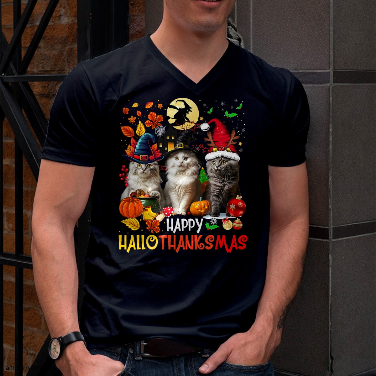 Hallowen Shirts for Family, Funny hallowen shirts, Hallowen Unisex T-Shirt/Hoodie/Sweatshirt HLT00 - Halloween Thanksgiving Christmas Happy HalloThanksMas Cats T-Shirt