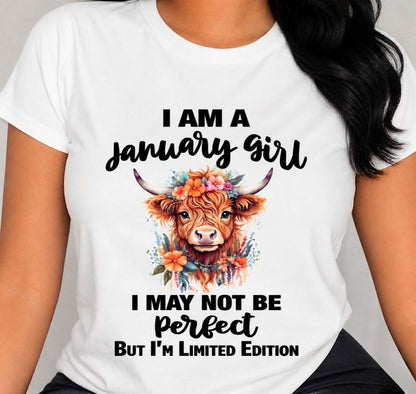 JANUARY GIRL FLORAL HIGHLAND COW TEE - FOR WOMEN - TLEE01 (SKU2607-278-01)