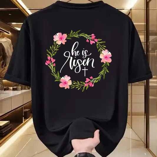 Christian Tee, Christian Faith Unisex T-Shirt/Hoodie/Sweatshirt HLT00 - He is Risen Jesus Christian Happy Easter Floral Wreath Shirt T-Shirt (1)