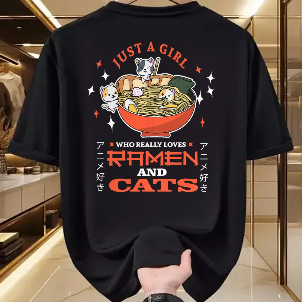 Cat Love Shirt, Funny Cat Lover Gift UnisexT-Shirt/Hoodie/Sweatshirt HLT00 - Just a girl who really loves Ramen and cats Design T-Shirt (1)