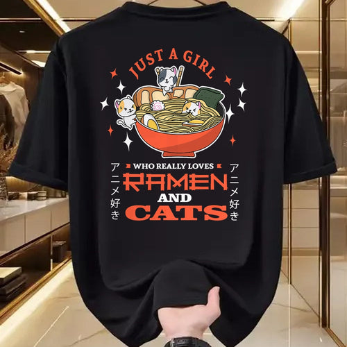 Cat Love Shirt, Funny Cat Lover Gift UnisexT-Shirt/Hoodie/Sweatshirt HLT00 - Just a girl who really loves Ramen and cats Design T-Shirt (1)