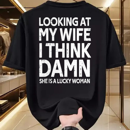 Best Wife Shirt, Wife and Husband Unisex T-Shirt/Hoodie/Sweatshirt HLT00 - Gift for wife T shirt, lucky wife   Funny My Wife Is A Lucky Woman Husband Gift Wife Themed Gift Tan (1)