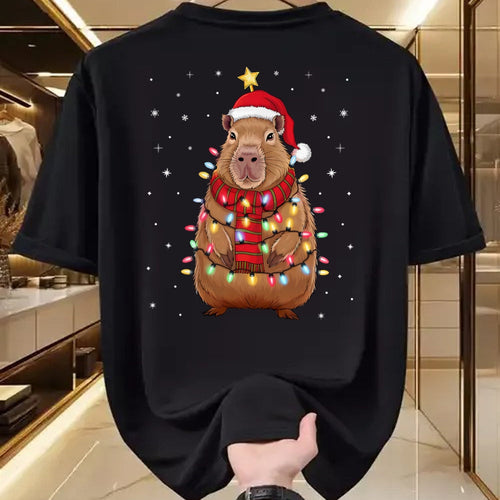 Cute Capybara Shirt, Funny Capybara Unisex T-Shirt/Hoodie/Sweatshirt HLT00 - Christmas Capybara with Santa Hat Xmas Lights Tree T-Shirt