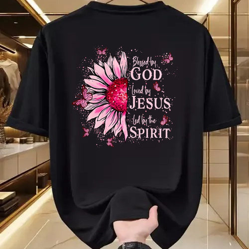 Christian Tee, Christian Faith Unisex T-Shirt/Hoodie/Sweatshirt HLT00 -  Blessed By God - Loved By Jesus Pink Sunflower T-Shirt