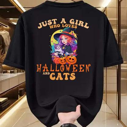Shirt, Funny Cat Lover Gift UnisexT-Shirt/Hoodie/Sweatshirt HLT00 - Just A Girl Who Loves Halloween and Cats Spooky Fall Pumpkin T-Shirt (1)