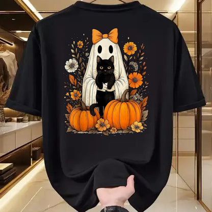 Cat Love Shirt, Funny Cat Lover Gift UnisexT-Shirt/Hoodie/Sweatshirt HLT00 - Vintage Halloween Ghost Holding Black Cat Groovy Floral T-Shirt, Women_s Plus, Black, 2X