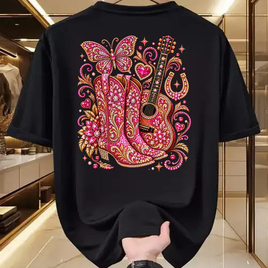 Guitar Lover Shirt, Funny Guitar UnisexT-Shirt/Hoodie/Sweatshirt HLT00 - Pink Butterfly Bling Cowgirl Guitar Western Rhinestone Cute T-Shirt