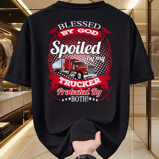 Best Wife Shirt, Wife and Husband Unisex T-Shirt/Hoodie/Sweatshirt HLT00 - Blessed By God Spoiled By My Trucker Girlfriend Wife Long Sleeve T-Shirt