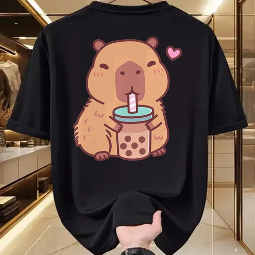Cute Capybara Shirt, Funny Capybara Unisex T-Shirt/Hoodie/Sweatshirt HLT00 - Cute Capybara Kawaii Anime Drinking Bubble Tea Lover Girls T-Shirt
