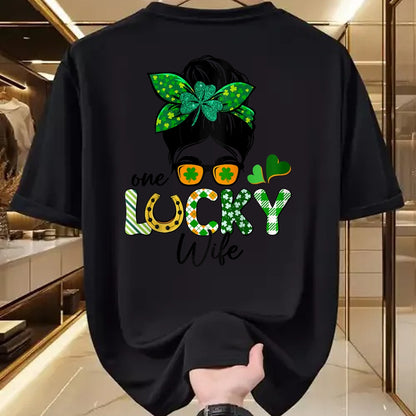 Best Wife Shirt, Wife and Husband Unisex T-Shirt/Hoodie/Sweatshirt HLT00 - Gift for wife T shirt, lucky wife   Womens One Lucky Wife Messy Bun Irish St Patricks Day Shamrock R