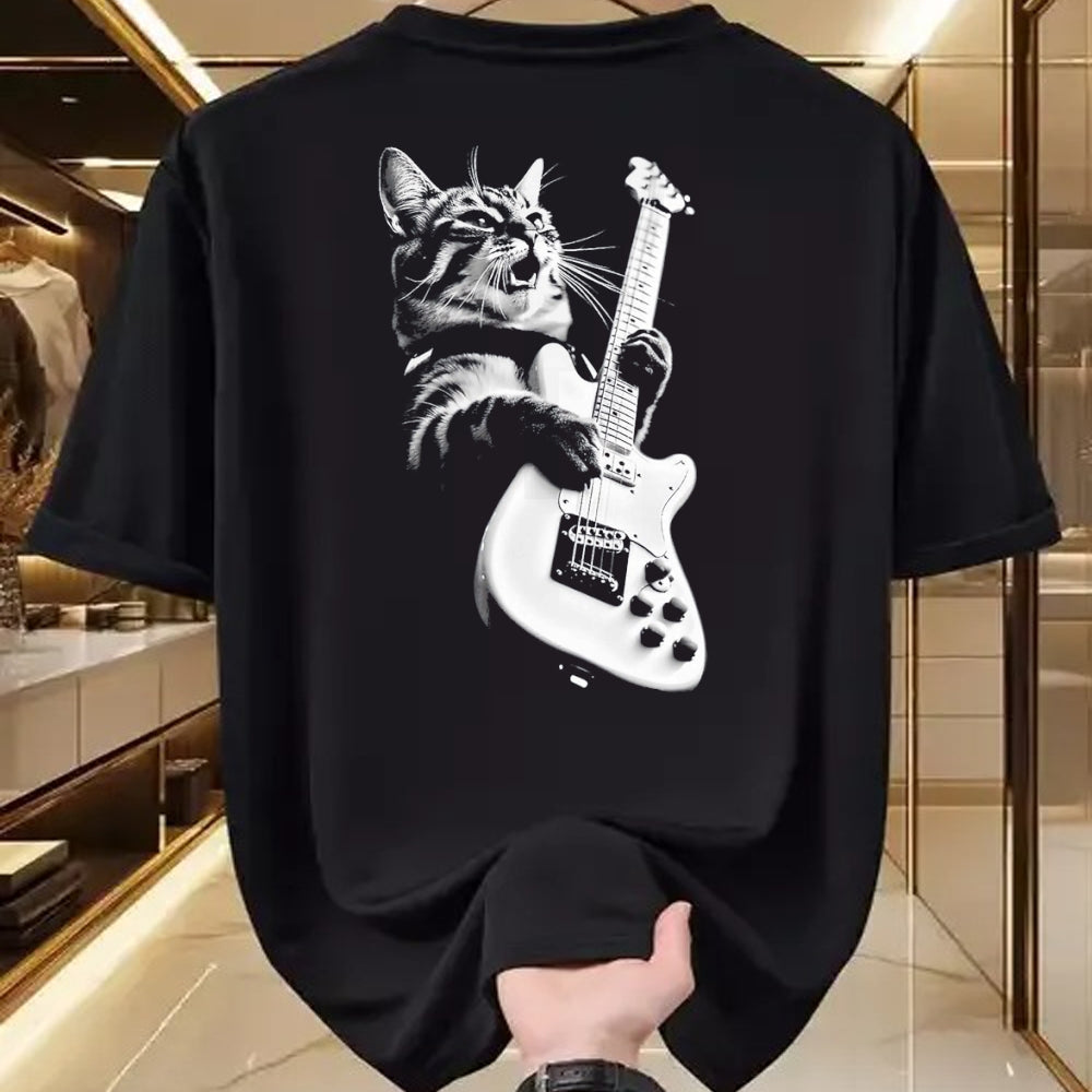 Cat Love Shirt, Funny Cat Lover Gift UnisexT-Shirt/Hoodie/Sweatshirt HLT00 - Rock Cat Playing Guitar - Funny Guitar Cat T-Shirt, Men, Heather Blue, Large