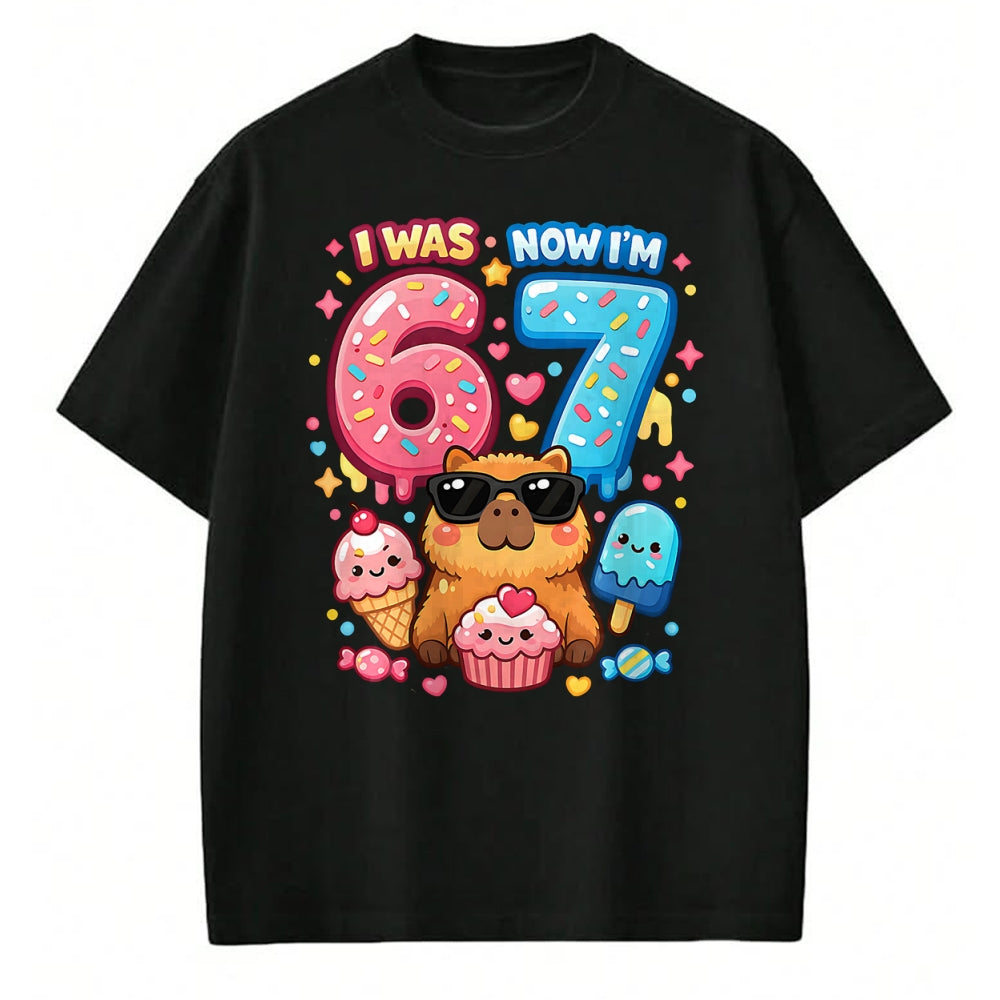 Cute Capybara Shirt, Funny Capybara Unisex T-Shirt/Hoodie/Sweatshirt HLT00 - I was 6 Now I_m 7 Birthday 67 Meme Capybara Ice Cream Kawaii T-Shirt
