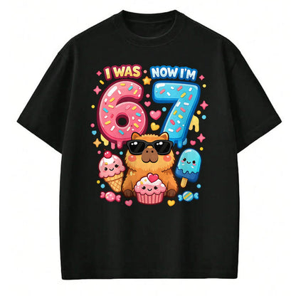 Cute Capybara Shirt, Funny Capybara Unisex T-Shirt/Hoodie/Sweatshirt HLT00 - I was 6 Now I_m 7 Birthday 67 Meme Capybara Ice Cream Kawaii T-Shirt