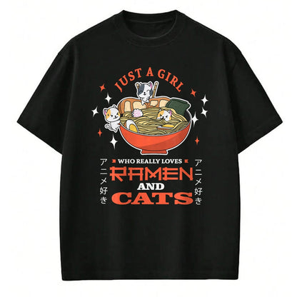 Cat Love Shirt, Funny Cat Lover Gift UnisexT-Shirt/Hoodie/Sweatshirt HLT00 - Just a girl who really loves Ramen and cats Design T-Shirt (1)