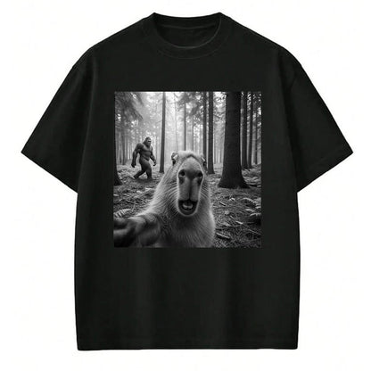 Cute Capybara Shirt, Funny Capybara Unisex T-Shirt/Hoodie/Sweatshirt HLT00 - Funny Capybara Selfie with Sasquatsch Bigfoot for Men Women T-Shirt, Men, Black, 3X-Large