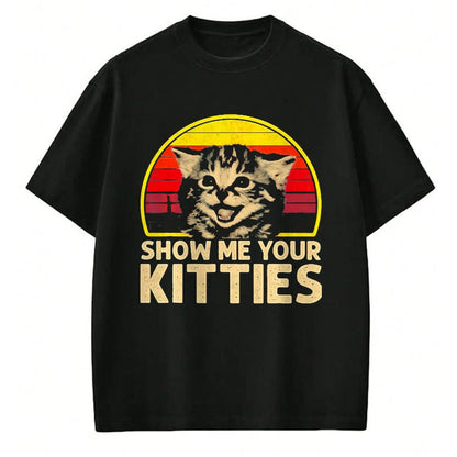 Cat Love Shirt, Funny Cat Lover Gift UnisexT-Shirt/Hoodie/Sweatshirt HLT00 - Show me Your Kitties Cat Lover Retro Vintage Sunset T-Shirt, Men, Black, 3X-Large