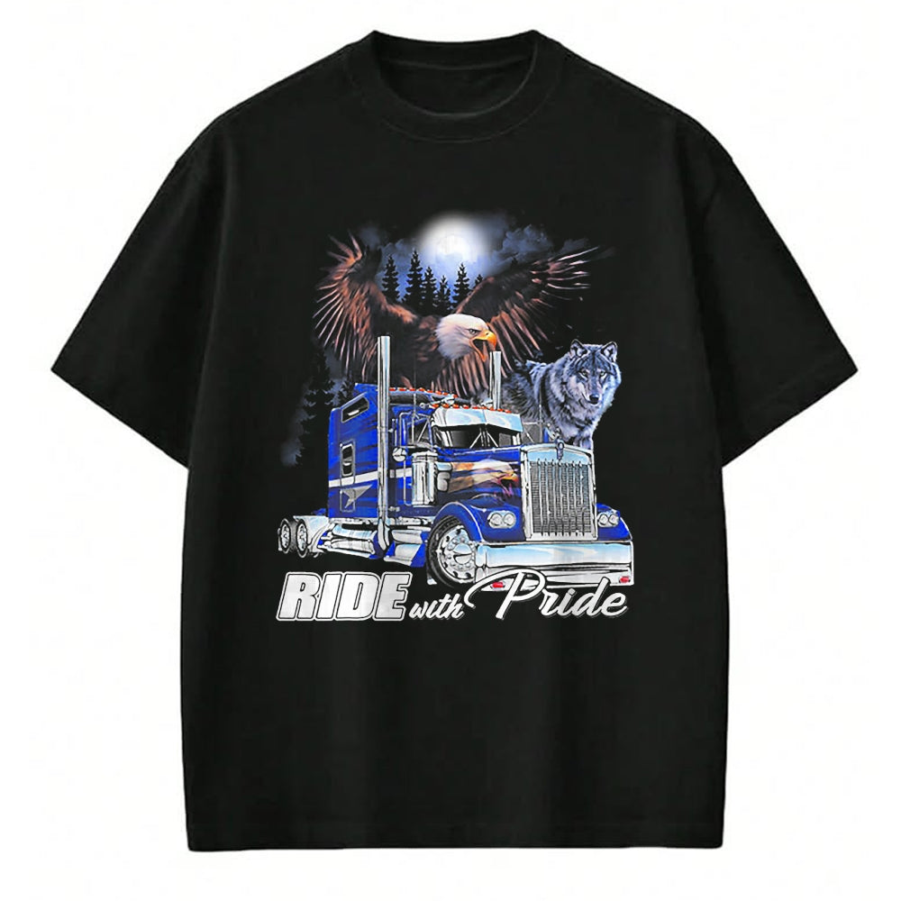 Best Truck Driver Life Shirt, Funny Trucker UnisexT-Shirt/Hoodie/Sweatshirt HLT00 - Ride with Pride Trucker Eagle Wolf T-Shirt