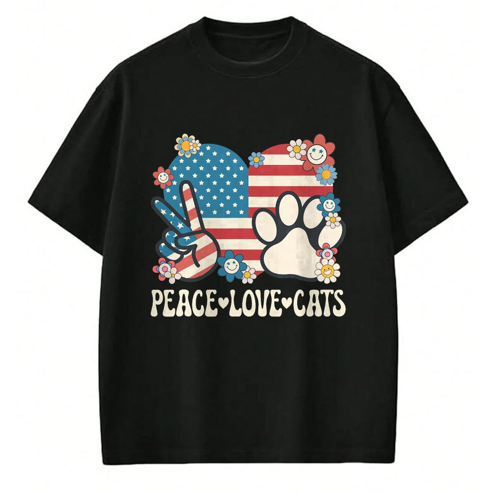 Cat Love Shirt, Funny Cat Lover Gift UnisexT-Shirt/Hoodie/Sweatshirt HLT00 - Peace Love Cats American Flag Patriotic Cat Lover Retro Cat T-Shirt