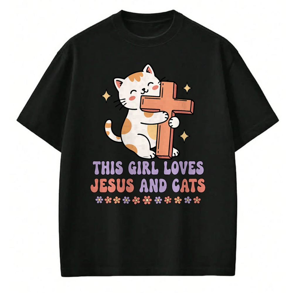 Cat Love Shirt, Funny Cat Lover Gift UnisexT-Shirt/Hoodie/Sweatshirt HLT00 - Christian This Girl Loves Jesus and Cats Cat Hugging Cross T-Shirt (1)