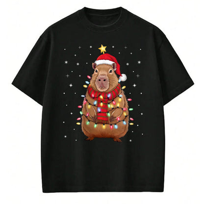 Cute Capybara Shirt, Funny Capybara Unisex T-Shirt/Hoodie/Sweatshirt HLT00 - Christmas Capybara with Santa Hat Xmas Lights Tree T-Shirt