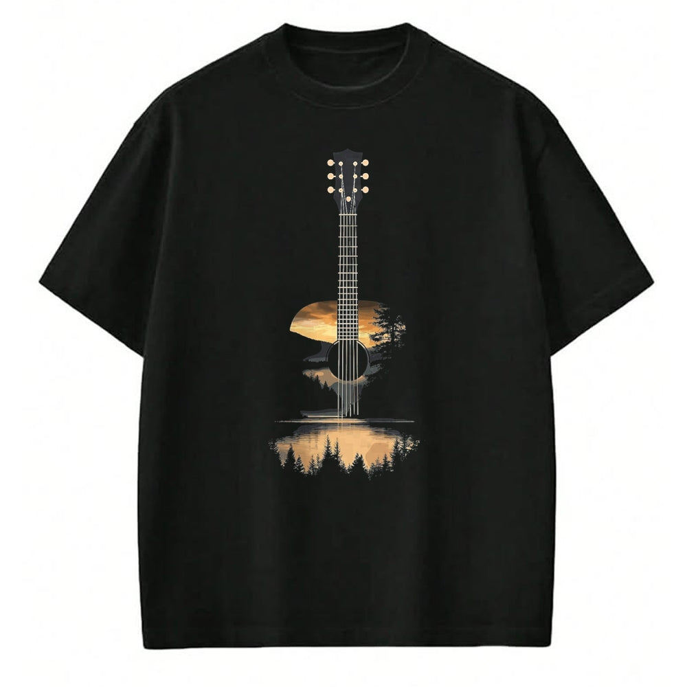 Guitar Lover Shirt, Funny Guitar UnisexT-Shirt/Hoodie/Sweatshirt HLT00 - Sunset Acoustic Guitar Scenic Nature Art T-Shirt, Men, Black, 3X-Large