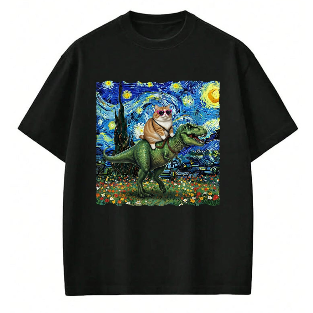 Cat Love Shirt, Funny Cat Lover Gift UnisexT-Shirt/Hoodie/Sweatshirt HLT00 - Cat Riding Dinosaur T-Rex Starry Night Van Gogh Cat Lover T-Shirt