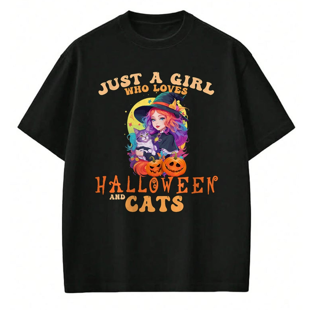 Shirt, Funny Cat Lover Gift UnisexT-Shirt/Hoodie/Sweatshirt HLT00 - Just A Girl Who Loves Halloween and Cats Spooky Fall Pumpkin T-Shirt (1)